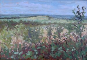 Caroline Vivian: Autumn View to Blewburton Hill, Oil on board (30 x 21 cm)