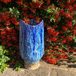 Sally Dorrity WOA: sculptural, stoneware clay, cobalt glazes, recycled blue glass