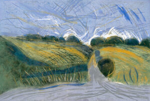 Catriona Brodribb OPC: 'Downland Road', woodcut & pochoir