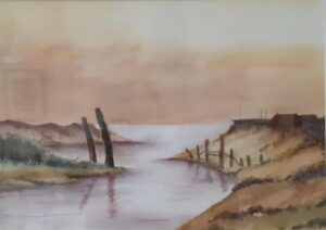Jennie Fairweather: Estuary: watercolour on paper, mount and framed