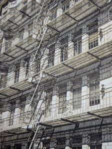 Alexandra Buckle: Fell Street Fore Escape linocut by Alexandra Buckle