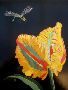 Gabriella Blakey OCG: Gabriella Blakey 'Yellow Parrot Tulip' - Marquetry: Coloured veneer inlaid wood panel