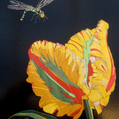 Gabriella Blakey 'Yellow Parrot Tulip' - Marquetry: Coloured veneer inlaid wood panel