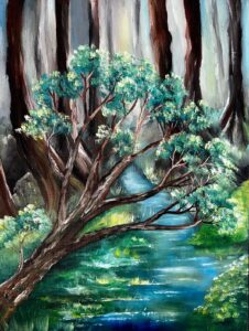 Jessica Holzhausen: Forest Brook, oil on hardbacked canvas