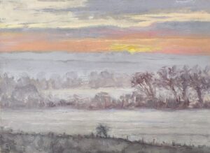 Caroline Vivian: Frosty Sunrise, Oil on board  (19 x 14cm)