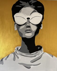 Tania Humphrey: Future Sun was inspired by climate change. The piece is set in the future when the sun is now so bright that to go outside people must wear almost solid eyewear with only a small slit through which to see. The vintage feel of the piece is in sharp contrast to the future context. Painted in tones of mono acrylic on a metalic gold background to represent the heat, Future sun was created on a 50x60cms canvas which is unframed but ready to hang and available to buy. £300.00.
