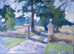 Francesca Shakespeare OAS: Gate Posts, France. Oil on board. Francesca Shakespeare