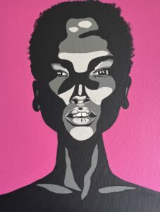 Tania Humphrey: Glow is an image of a beautiful woman with perfect, glowing, skin. Glow is painted in shades of mono on a vibrant pink background. The piece was created using acrylic paint on a 50x40cms canvas. Glow is unframed but ready to hang and available to buy. £300.00.
