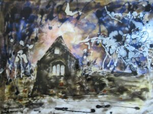 Sue Eves SOA: Godstow Abbey in Storm Éowyn. Looking for gothic buildings and light in winter, I walked into a storm at Godstow Abbey, Oxford. The birds called a warning and deserted the trees as lightning struck, followed by thunder claps and rain. A tiny lantern of light spilled through the abbey windows. I felt the power of the storm as I struck the glass with paint on a large sheet of glass that I had saved for bigger work. None of my salvaged windows were big enough for this abbey in a storm. Vitrail Transparent Paint on glass 60.4cm (W) x 50.4cm (h) Price: £500 Framed