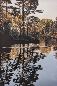 Alexandra Buckle: Golden Park Light linocut by Alexandra Buckle