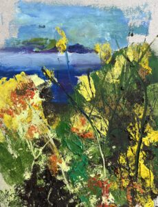 Penny Astrop: Gorse & Sea, oil on cardboard, 22cms x 29cms, framed. £150