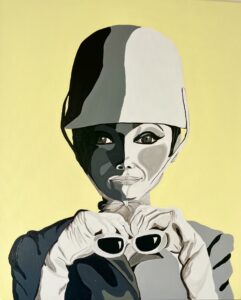 Tania Humphrey: Helmet is a piece inspired by retro fashion. Created using tones of mono acrylic and using a light yellow background, the piece is painted on a 50x60cms canvas. Helmet is unframed but ready to hang and availble to buy. £300.00.