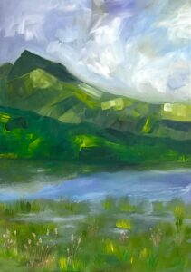 Jessica Holzhausen: Lake Bala, Snowdonia, oil on wooden board