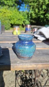 Sally Boardman: Raku pottery blue and turquoise pot