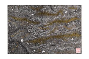 Ed Helliwell SOA: Space Debris - Black fine liners, gold acrylic on A3 200g Daler Rowney