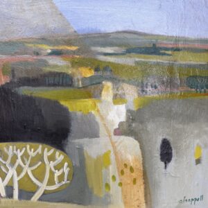 Caroline Chappell: semi -abstract painting of a long view across the countryside with abstracted apple trees in the foreground. mixed media on board 45x45cms