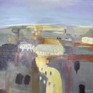 Caroline Chappell: semi-abstract painting of a long view across the countryside in spring colours mixed media on canvas 70x70cms