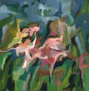 Elaine Hedges: Water’s Edge, Conversations, oil and acrylic on canvas, 30.5x30.5x2.5cm