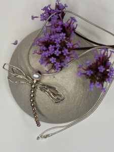 Tsedey Roscoe: Pendant - Delicate sterling silver dragonfly with freshwater pearl