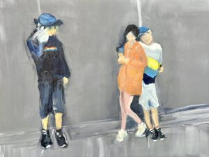 Penny Astrop: Cool kids, oil on board, 63cms x 47cms, Framed. £300