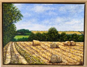 Louise Gustafson: Round bales in West Oxfordshire. Approx. 34x44cm framed.