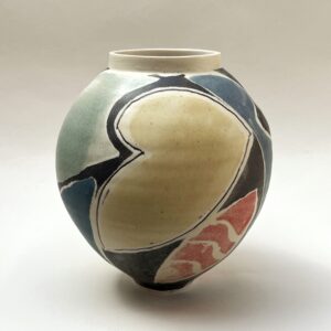 Gilly Whittington: moon jar in porcelain with abstract design in coloured glazes