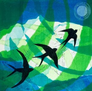 Sarah Bond OPC, WOA: Summer Swallows - Monotype+Linocut on Ho-Sho paper