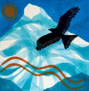 Sarah Bond OPC, WOA: Flying High - Montype + Linocut on Ho-Sho paper