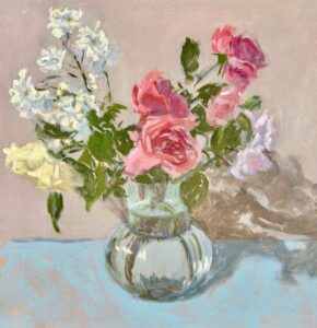 Caroline Vivian: Roses in Glass Vase, Oil on board (30 x 30cm)