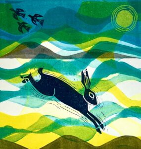 Sarah Bond OPC, WOA: Alpine Hare- Monotype + Linocut on Ho-Sho paper