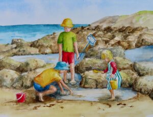 Margaret Horton: "Fun in the rock pools", watercolour, 12" by 10", £90
