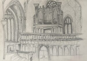 Davide Barbero: Sketchbook drawing of Francis Close Hall Chapel, Celtenham