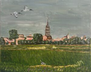 Davide Barbero: Painting of Novara, with flying sacred Ibis, and a duck