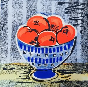 Julie Brown: Bowl of clementines -  monoprint & screenprint