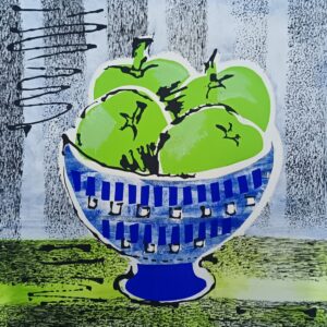 Julie Brown: Bowl of Granny Smith apples - monoprint & screenprint