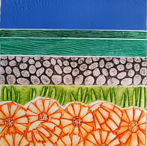 Julie Brown: Sun, sea and marigolds - collagraph & monoprint