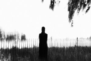 Fliss van Steenbergen: A photograph that looks like a charcoal sketch of a hooded figure standing by a fence