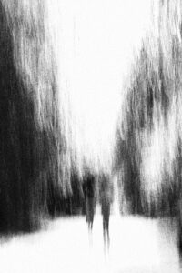 Fliss van Steenbergen: A photograph that looks like a charcoal sketch of two people disappearing into the trees