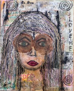Eve-Marie Masson: “Love in the balance” Mixed Media: Acrylics & Collage on canvas board.