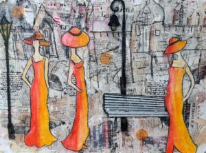 Eve-Marie Masson: “Charmed in Chapeaux” Mixed Media: Acrylics & collage on board.