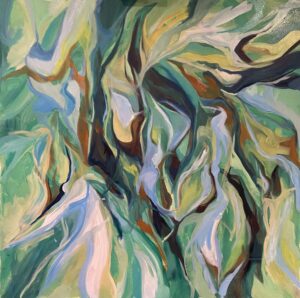 Elaine Hedges: Rhythmic In Green, oil on canvas, 100x100x1.5cm