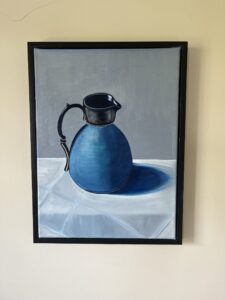 Nicola Bingham: ‘Blue Jug’ oil on box canvas framed price £195 (16 by 12 ins)