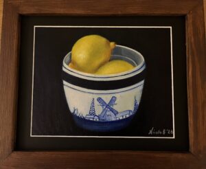 Nicola Bingham: ‘Lemons in Delph Blauw’ oil on flat canvas, framed £125 8 by 10 ins inside frame