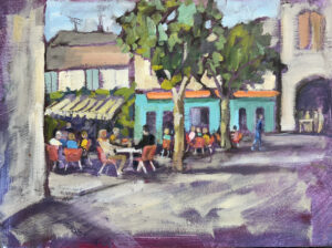 Francesca Shakespeare OAS: Cafe Lauzerte. Oil on board. Francesca Shakespeare