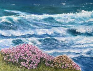 Janet Bird: ‘Thrift on the Cliffs, Cornwall’, acrylics on canvas covered board, 12x16 inches, £175