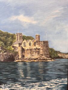 Gail Hanrahan: Dartmouth castle. Acrylic on 30cm x 40cm canvas