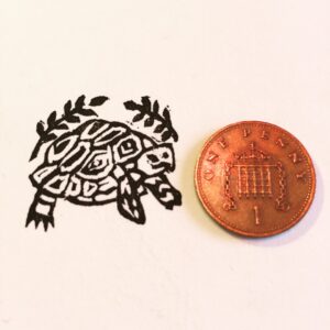 Lizzie Waterfield: Tortoise, work in progress, rubber -stamp print, from The One Inch Animals, 2019 (sold)