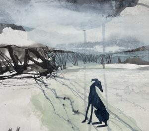Nicola Durrant OAS: Gouache and mixed media painting of a lurcher