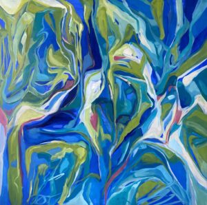Elaine Hedges: Mindful in blue, oil on canvas, 100x100x1.5 cm