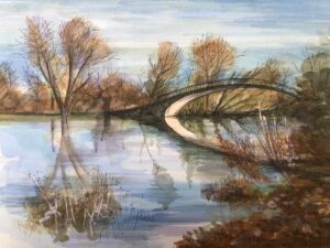Hannah Farncombe: Watercolour painting of the Rainbow Bridge with the Cherwell in Flood, Oxford